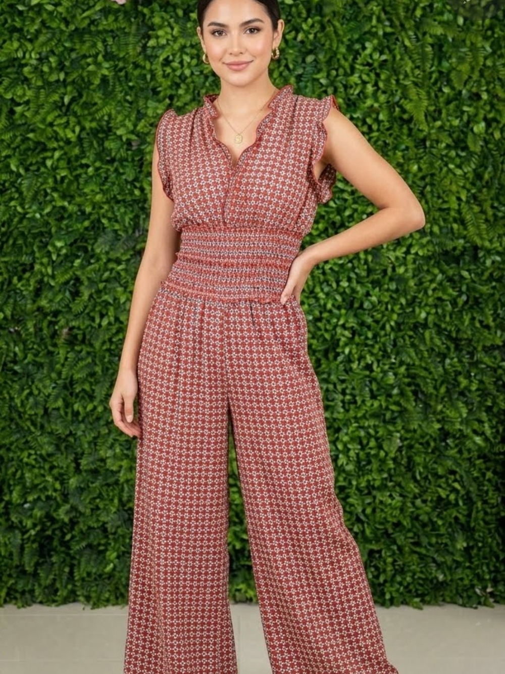 Max Studio Brick-Print Sleeveless Ruffle Jumpsuit